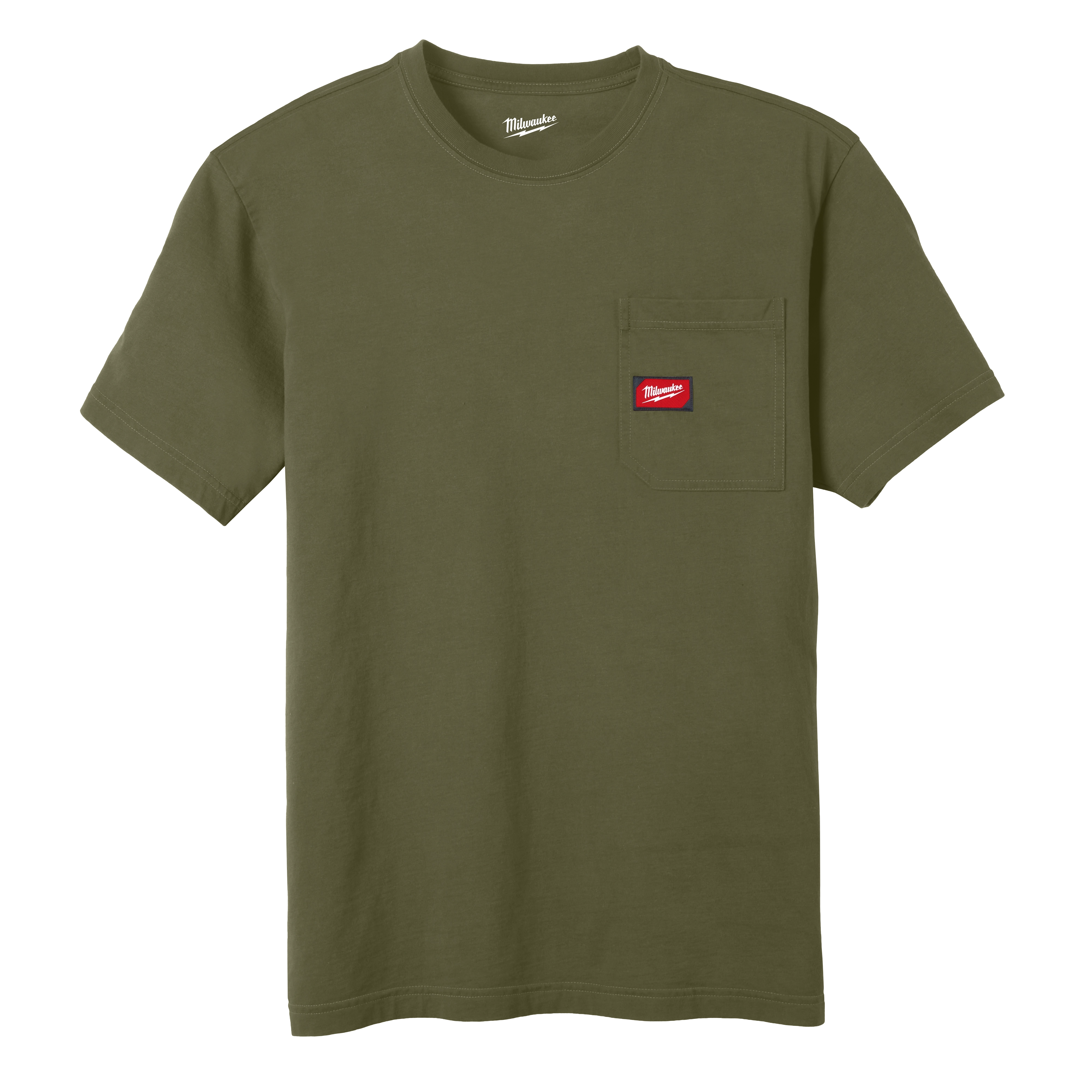 Heavy Duty Pocket T-Shirt - Green, featuring a chest pocket with a red logo patch and a crew neckline.