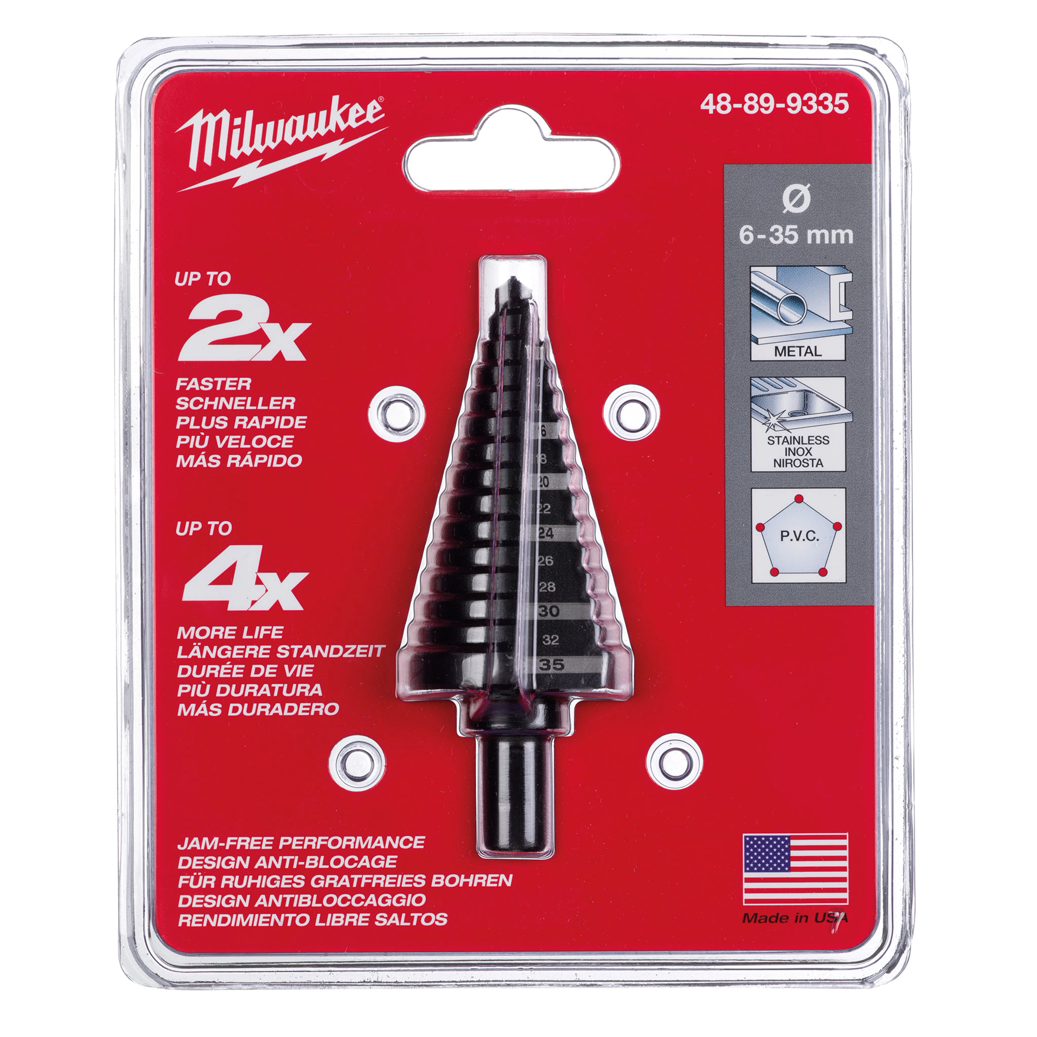 Milwaukee STEP BIT 6MM - 35MM in packaging, with performance information and usage instructions for metal, stainless steel, and PVC.