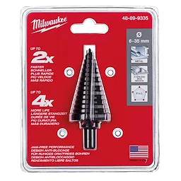 Milwaukee STEP BIT 6MM - 35MM in packaging, with performance information and usage instructions for metal, stainless steel, and PVC.