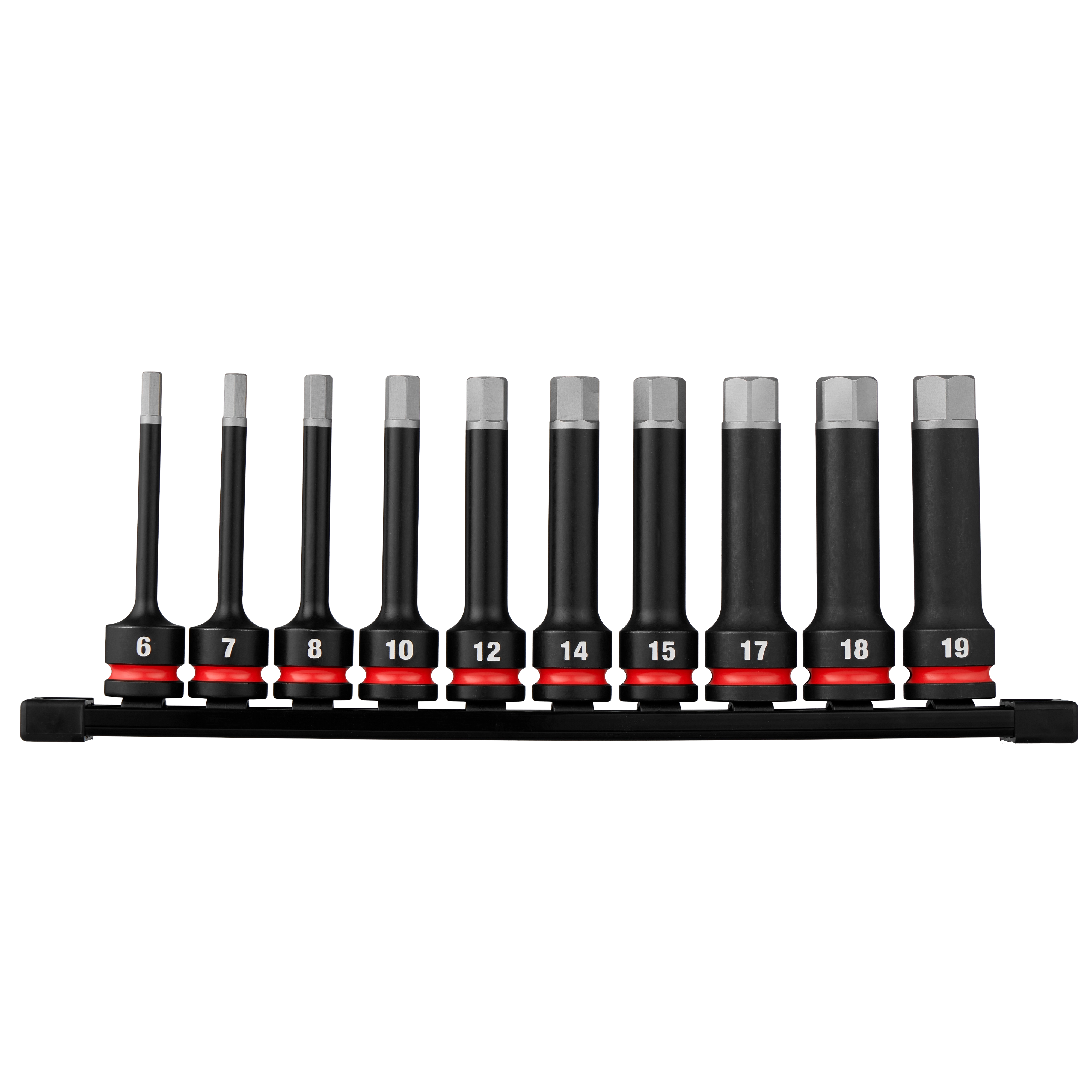 10PC SHOCKWAVE Impact Duty 1/2" Drive 4" Hex Metric Bit Socket Set arranged on a black rail.