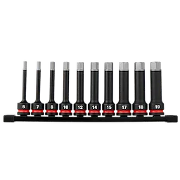 10PC SHOCKWAVE Impact Duty 1/2" Drive 4" Hex Metric Bit Socket Set arranged on a black rail.