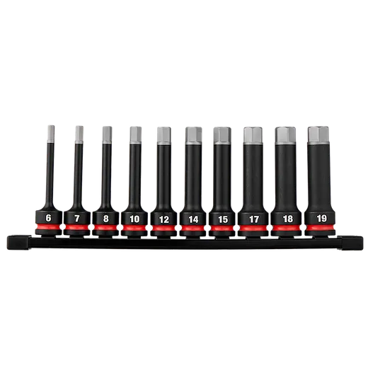 10PC SHOCKWAVE Impact Duty 1/2" Drive 4" Hex Metric Bit Socket Set arranged on a black rail.
