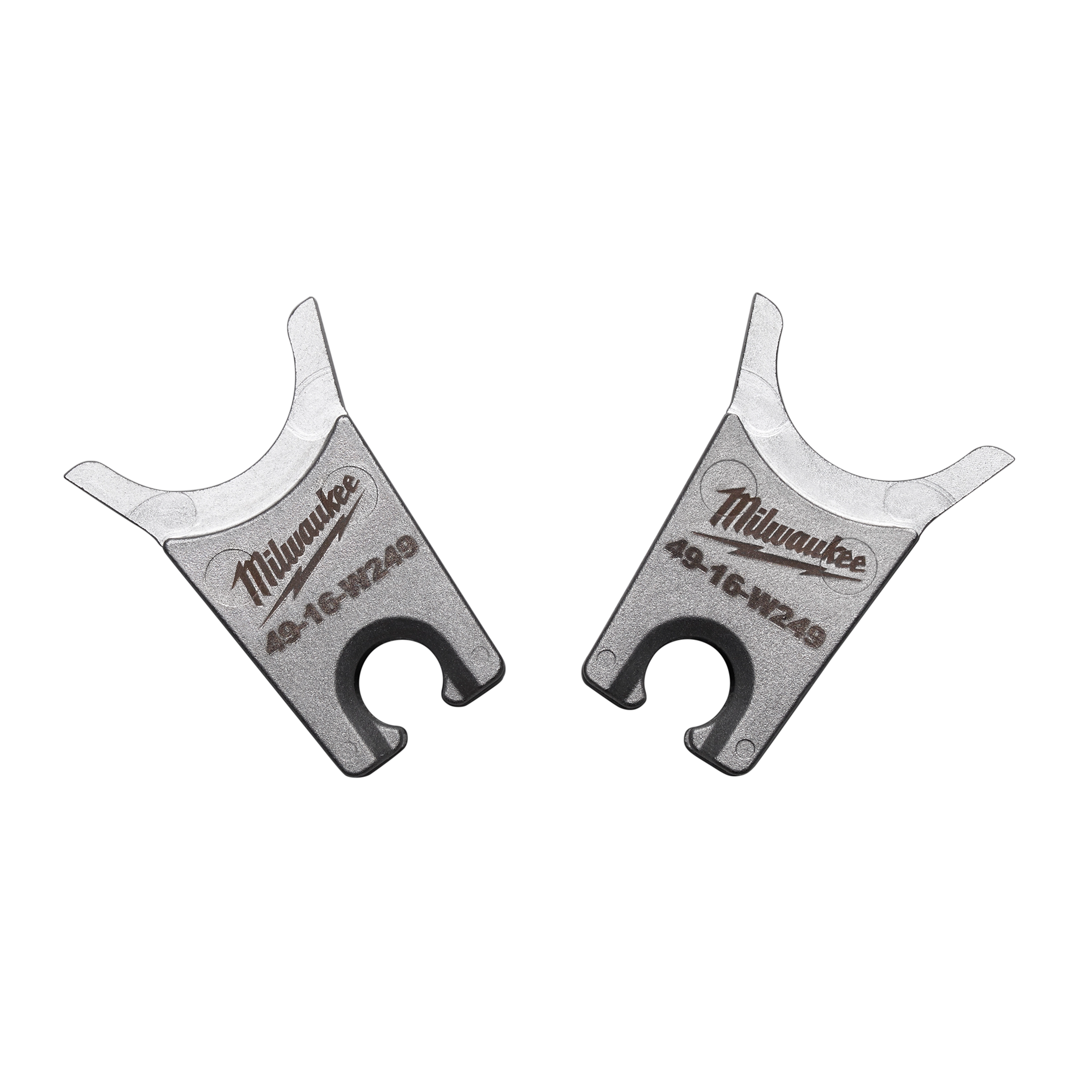 Milwaukee® W Style Dies are pictured. The image shows two metallic dies used for crimping or cutting, with the Milwaukee® logo and part number 49-16-W249 engraved on each. These dies have a distinct U-shaped opening at one end and a curved design.