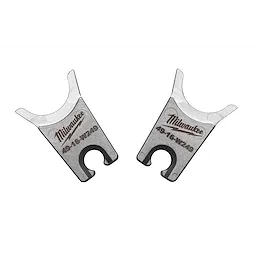 Milwaukee® W Style Dies are pictured. The image shows two metallic dies used for crimping or cutting, with the Milwaukee® logo and part number 49-16-W249 engraved on each. These dies have a distinct U-shaped opening at one end and a curved design.