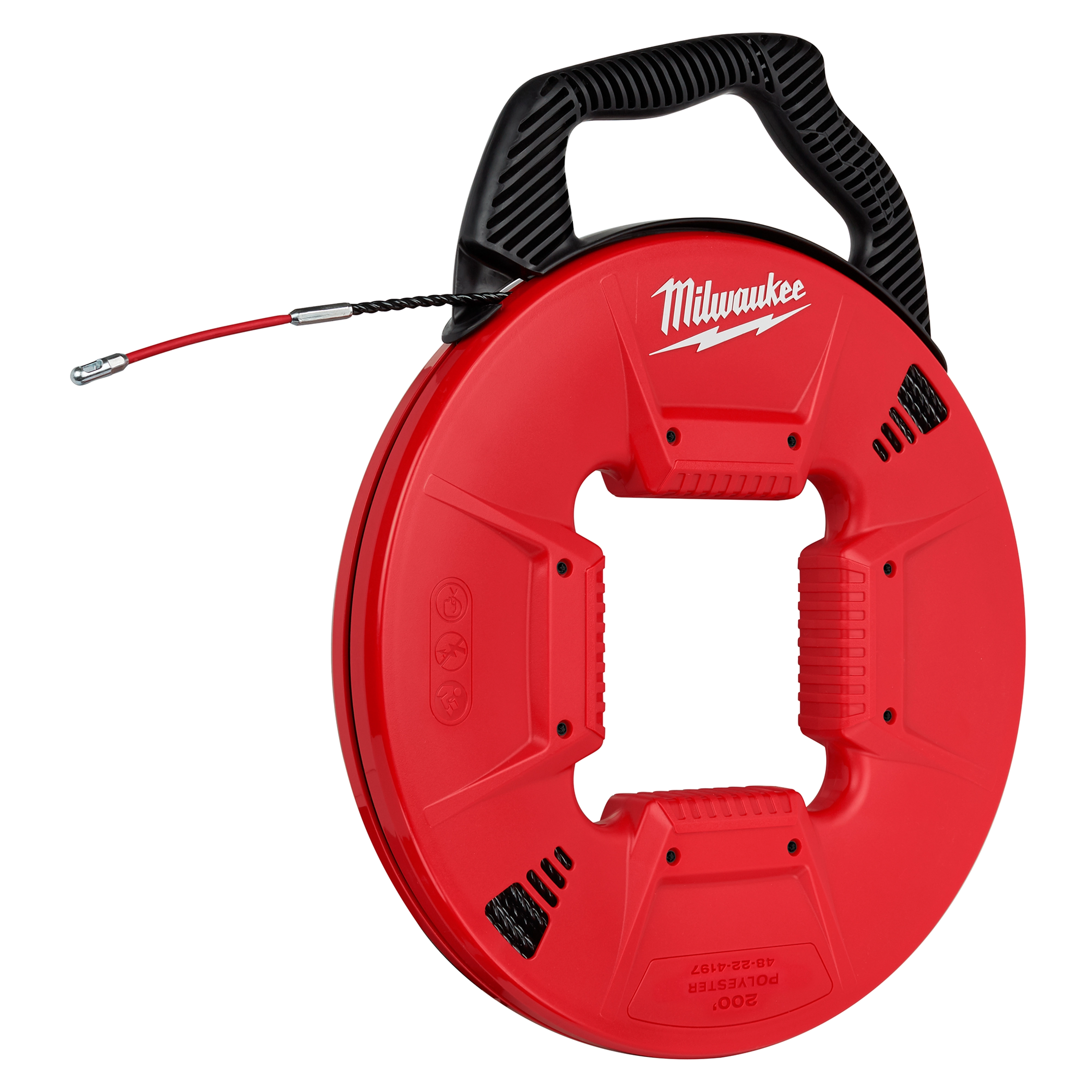 Red 200' 27" Polyester Fish Tape with Flexible Leader featuring a black handle and an extended nozzle.