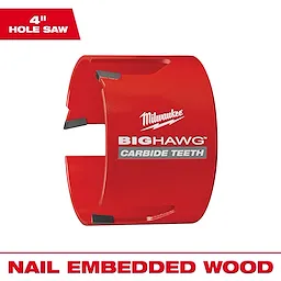 Milwaukee 4-inch BIG HAWG with Carbide Teeth hole saw, red in color, designed for cutting nail-embedded wood.
