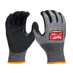 Cut Level 8 High-Dexterity Nitrile Dipped Gloves - S, featuring black palms, grey tops, and yellow cuffs for small-sized hands.