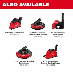 A selection of red Dust Shroud products including 5" Cutting, 4-1/2"/5" Surface Grinding, 6" Tuckpointing, 7"/9" Surface Grinding, and 7"/9" Large Angle Grinder Cutting.