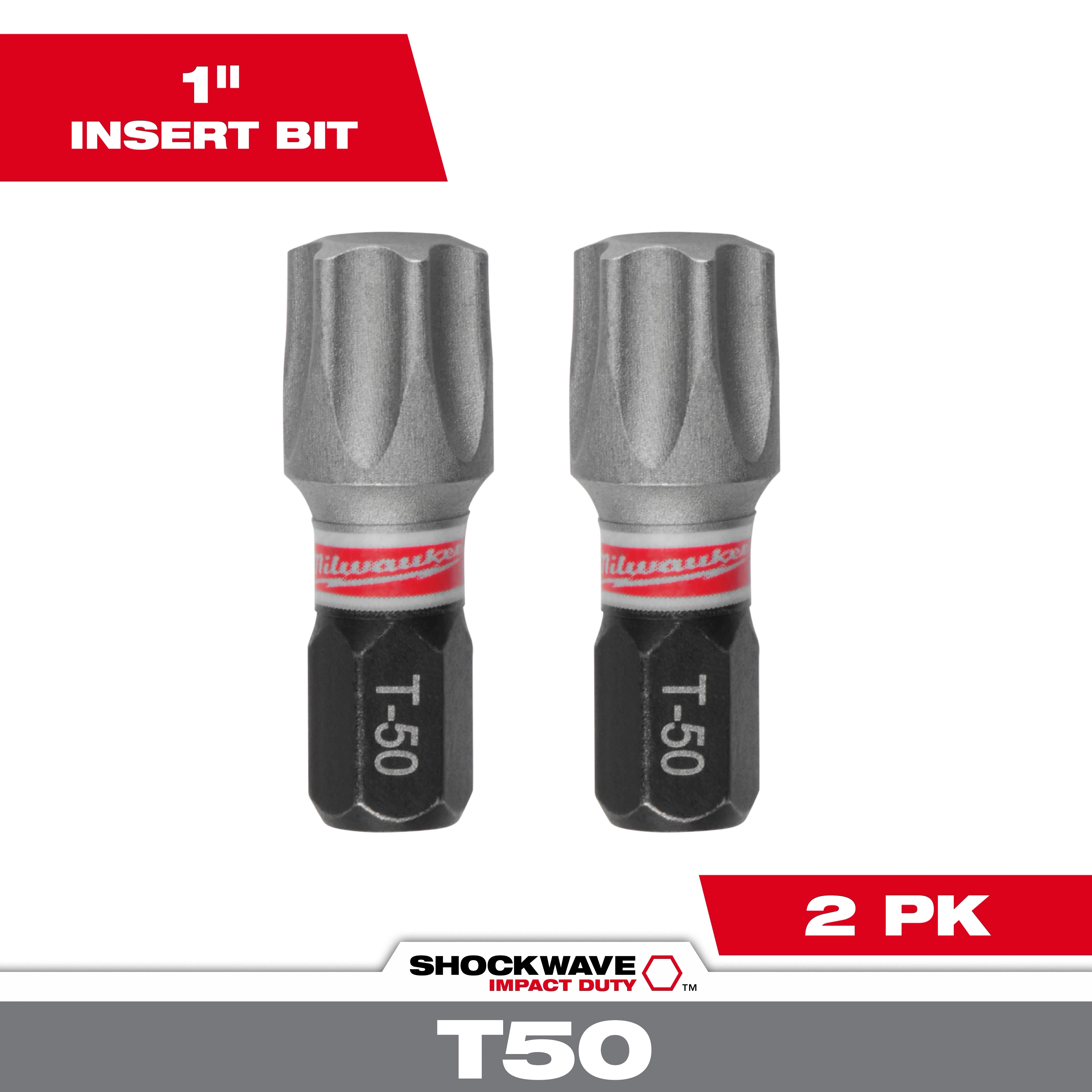Image of SHOCKWAVE™ 1" Impact TORX® T50 Insert Bits (2 PK). The product features two T50 insert bits with metallic tops and black bases labeled "T-50." The packaging highlights "1" Insert Bit" and "2 PK." The brand name, "Milwaukee," is visible.