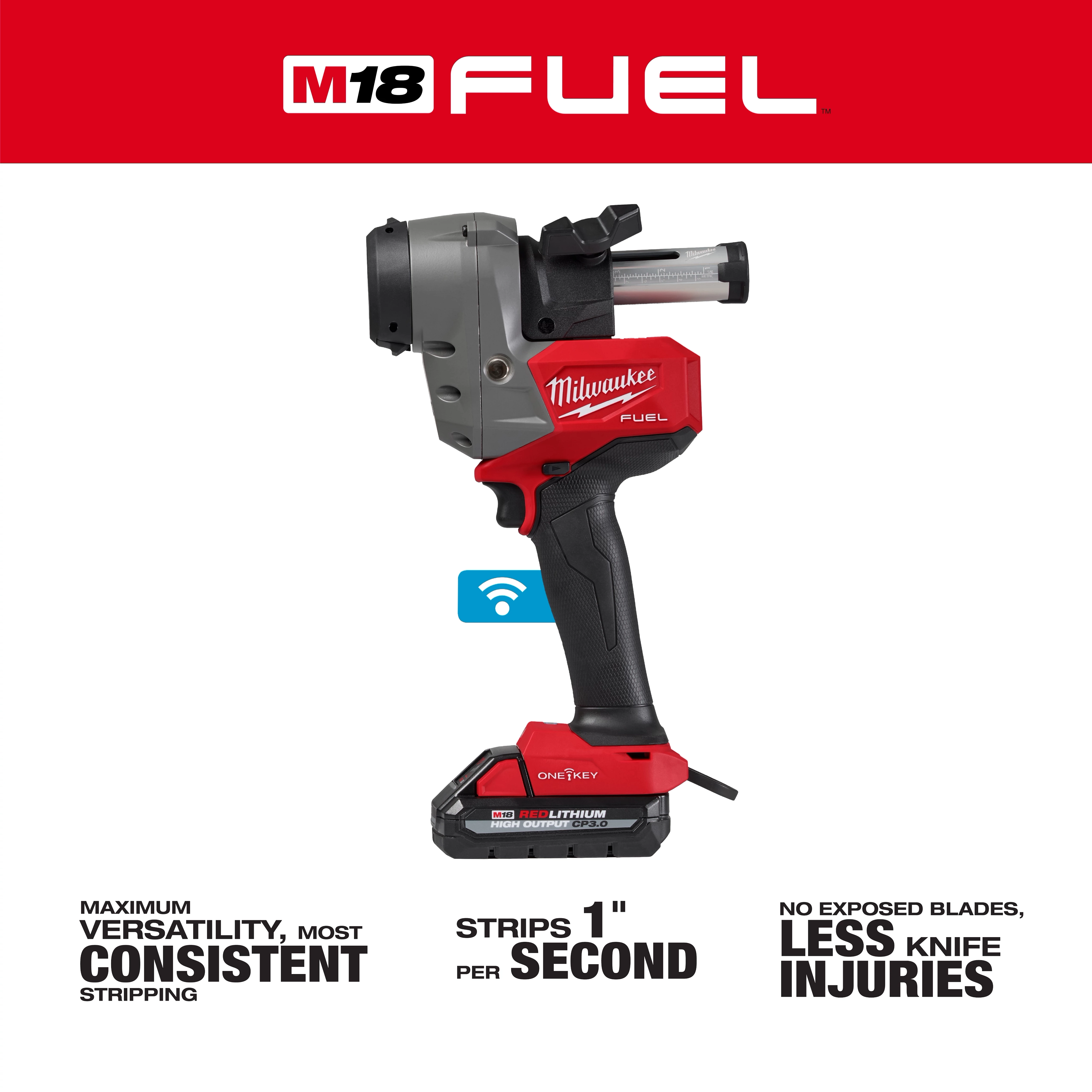 Milwaukee’s M18 FUEL™ Covered Conductor Cable Stripper Kit w/ Adjustable Bushings includes a red and black handheld device for stripping cables. The image highlights its features: maximum versatility, 1-inch per second stripping speed, and no exposed blades for less knife injuries.
