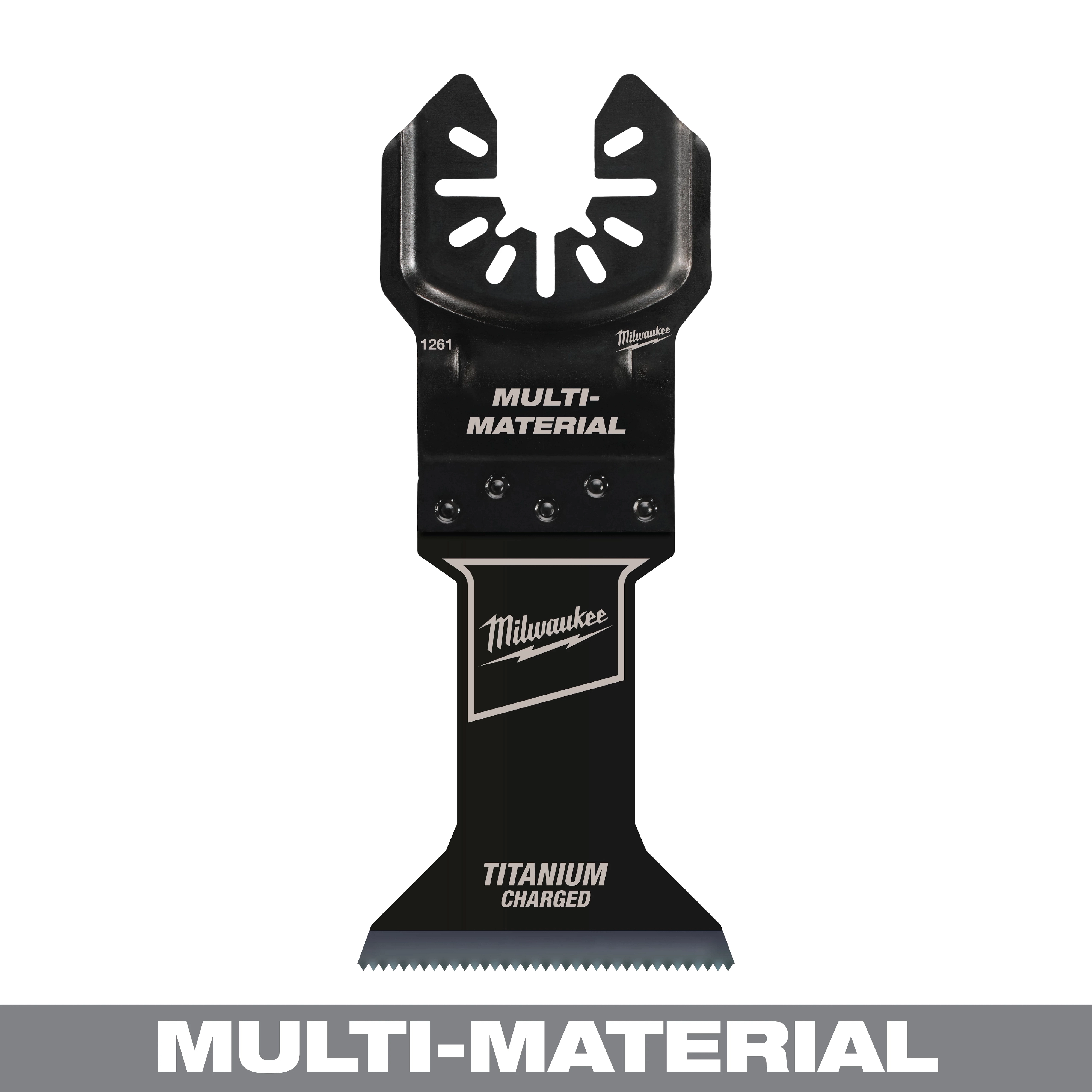 MILWAUKEE OPEN-LOK 1-3/4" Titanium Charged Bi-Metal Multi-Material Multi-Tool Blade. Displays blade shape with brand logos and text.