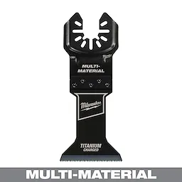 MILWAUKEE OPEN-LOK 1-3/4" Titanium Charged Bi-Metal Multi-Material Multi-Tool Blade. Displays blade shape with brand logos and text.