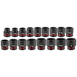 17PC SHOCKWAVE Impact Duty 1" Drive SAE Standard Socket Set with PACKOUT shown in various sizes, featuring black and red design.