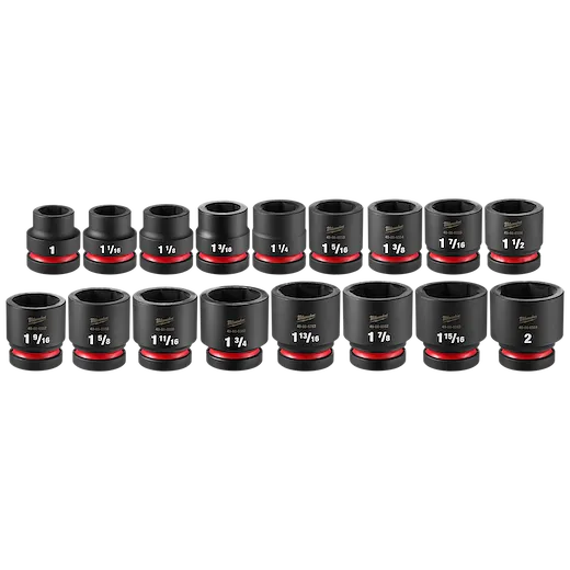 17PC SHOCKWAVE Impact Duty 1" Drive SAE Standard Socket Set with PACKOUT shown in various sizes, featuring black and red design.