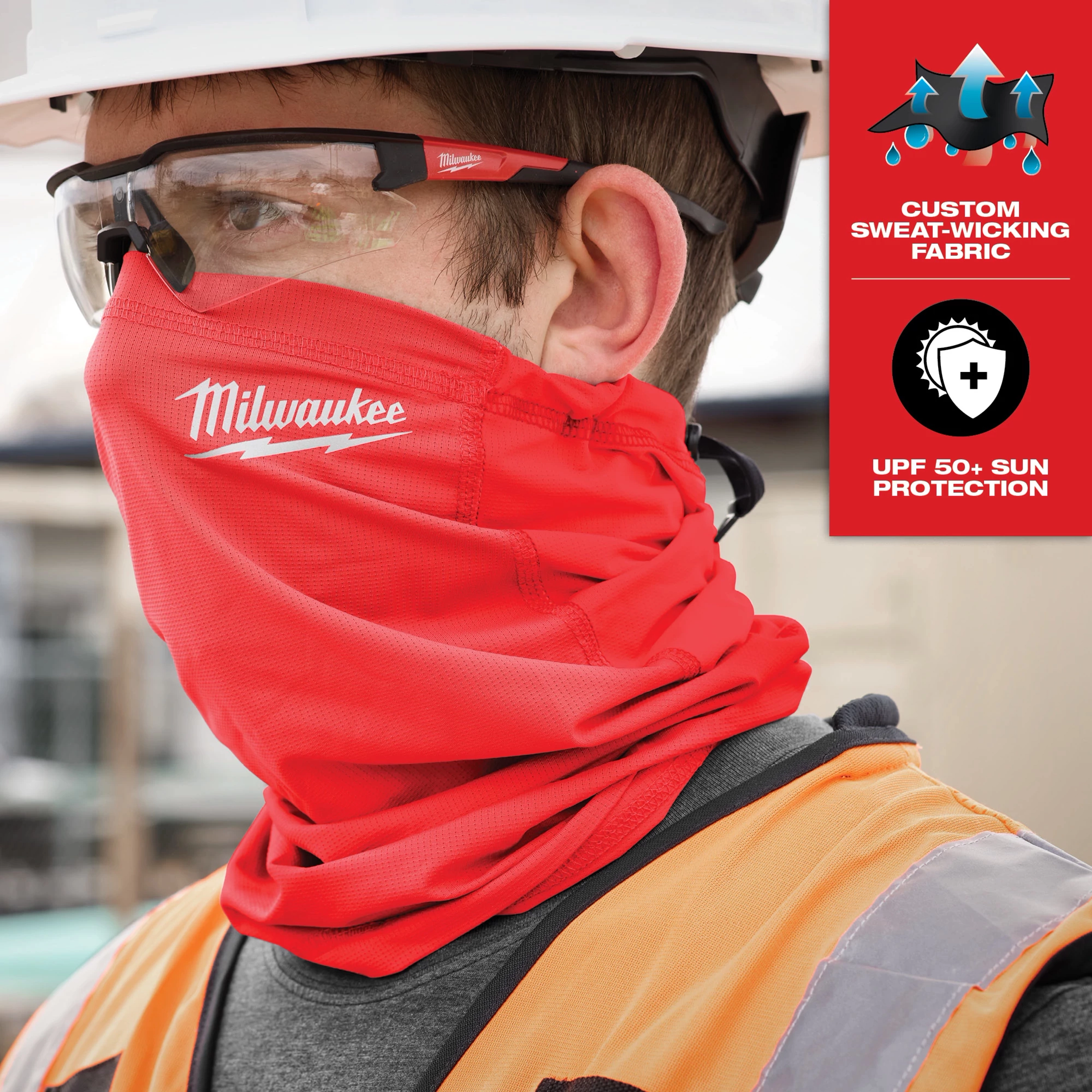 Man wearing WORKSKIN Performance Neck Gaiter in red, custom sweat-wicking fabric, UPF 50+ sun protection. Logos visible.