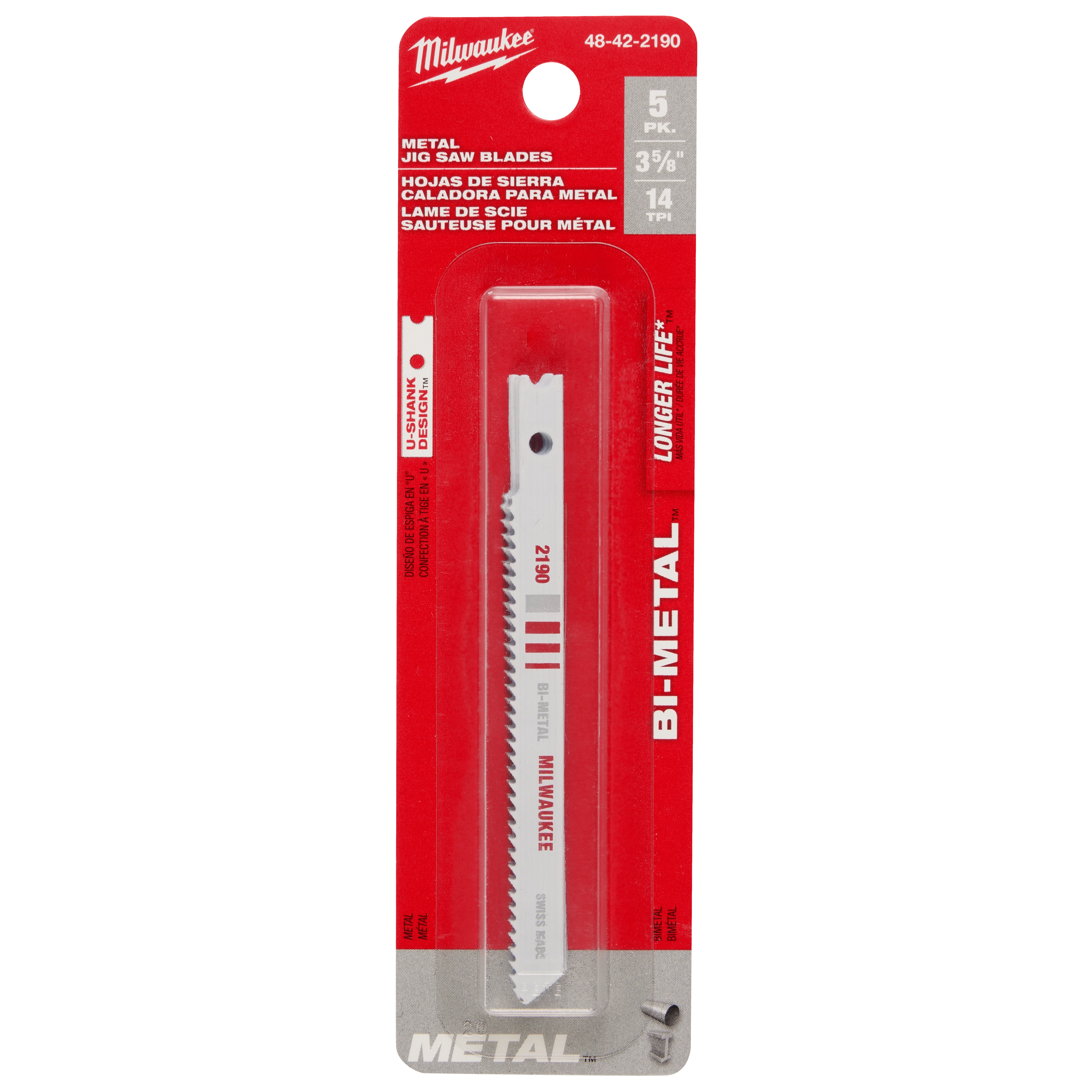 3-5/8" 14TPI U-Shank Metal Cutting Bi-Metal Jig Saw Blades 5PK in red and white packaging with blade visible through plastic case.