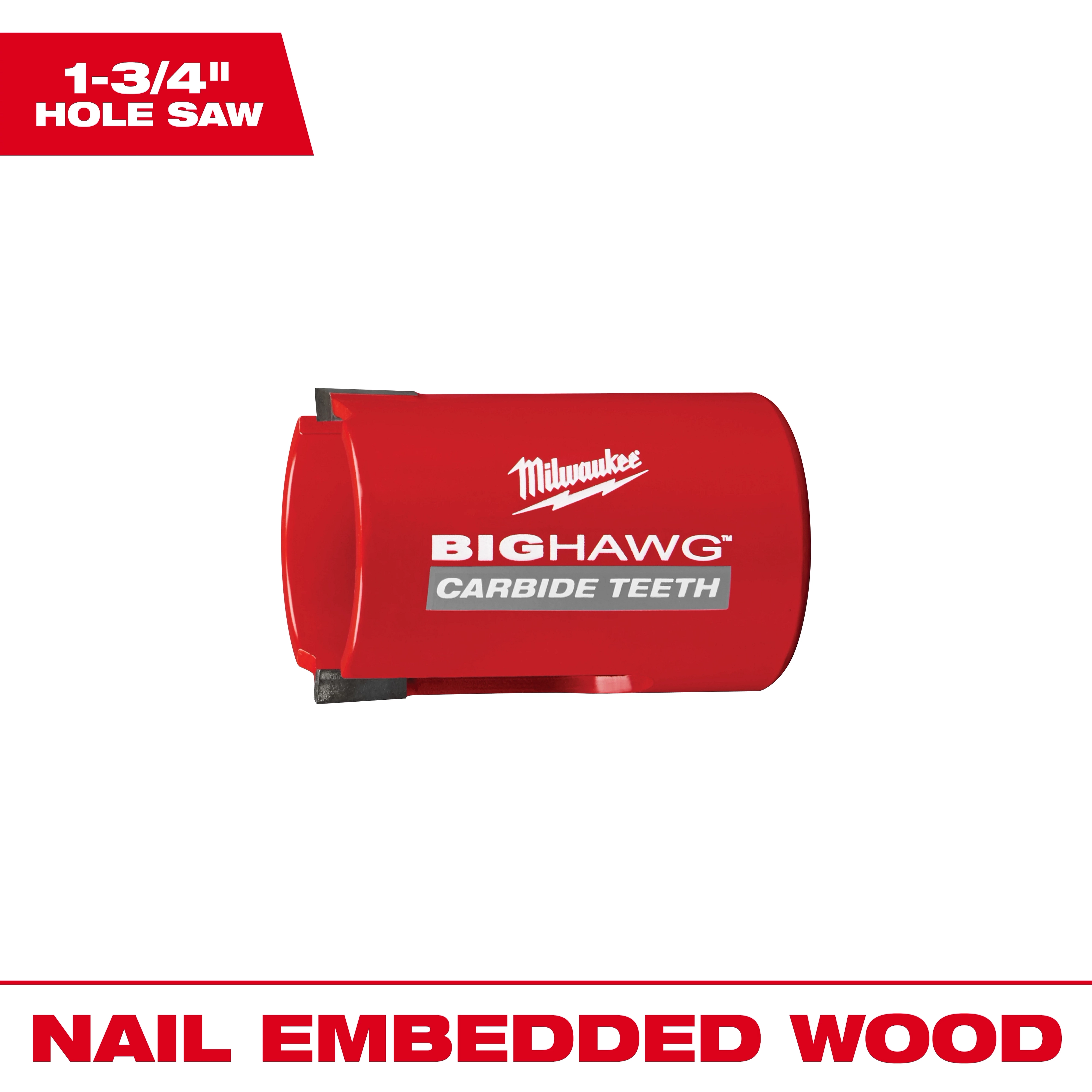 1-3/4" Big Hawg with Carbide Teeth hole saw, red, labeled for nail-embedded wood. Brand name prominently displayed at top.
