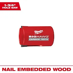 1-3/4" Big Hawg with Carbide Teeth hole saw, red, labeled for nail-embedded wood. Brand name prominently displayed at top.