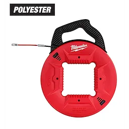 Red 100% Polyester Fish Tape with Flexible Leader, featuring a black handle and a coiled red tape with a metal tip.