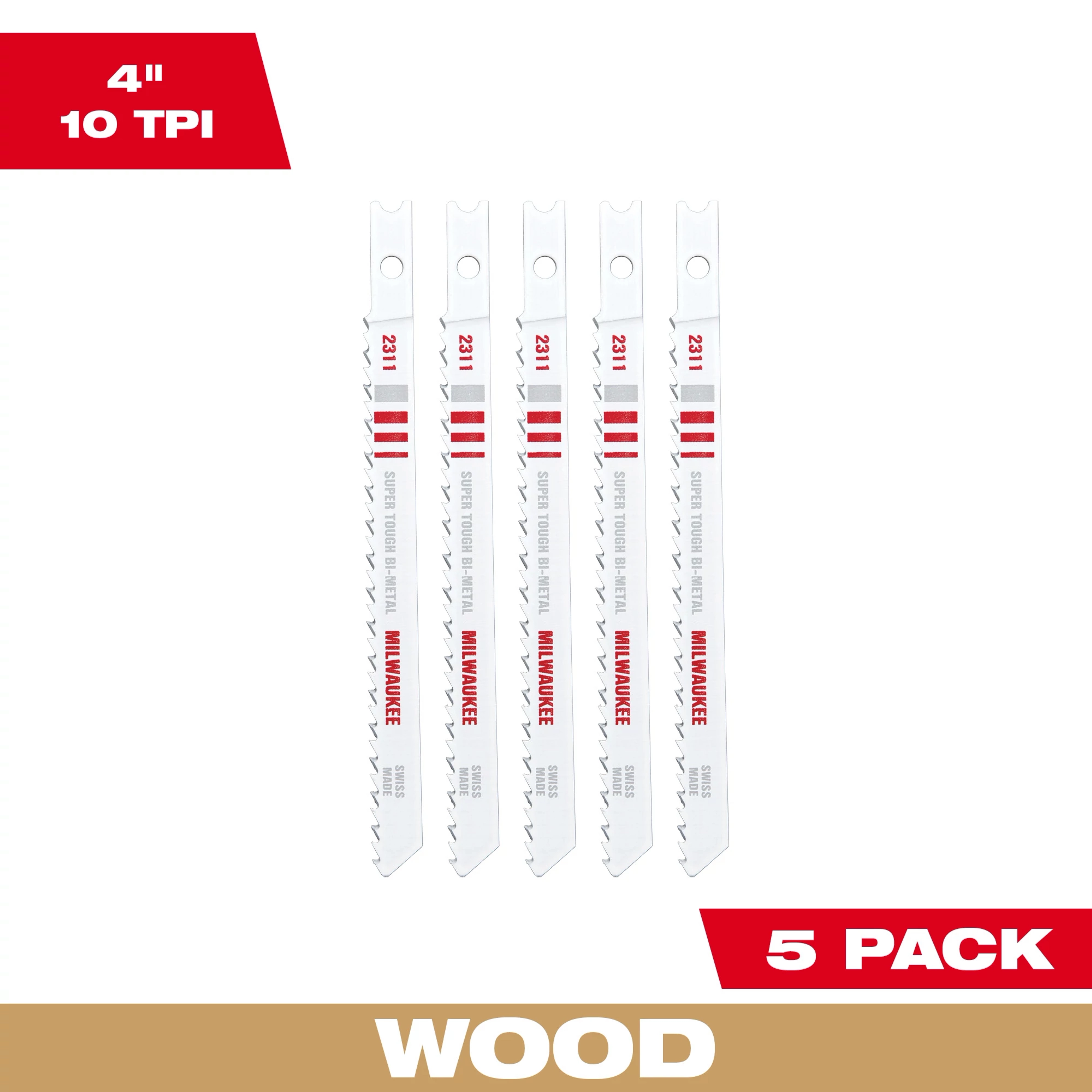 4%22%2010TPI%20U-Shank%20Wood%20Bi-Metal%20Jig%20Saw%20Blades%205PK features five white wood-cutting blades with red markings in a pack.