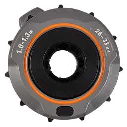 The image shows a 1" - 1.3" Adjustable Bushing for the M18 FUEL™ Covered Conductor Cable Stripper. It is primarily gray and black with an orange ring, and is marked with measurement labels indicating cable size ranges in both inches and millimeters.