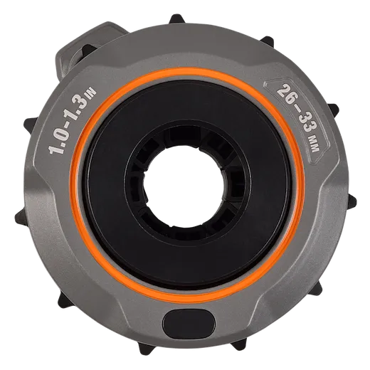 The image shows a 1" - 1.3" Adjustable Bushing for the M18 FUEL™ Covered Conductor Cable Stripper. It is primarily gray and black with an orange ring, and is marked with measurement labels indicating cable size ranges in both inches and millimeters.
