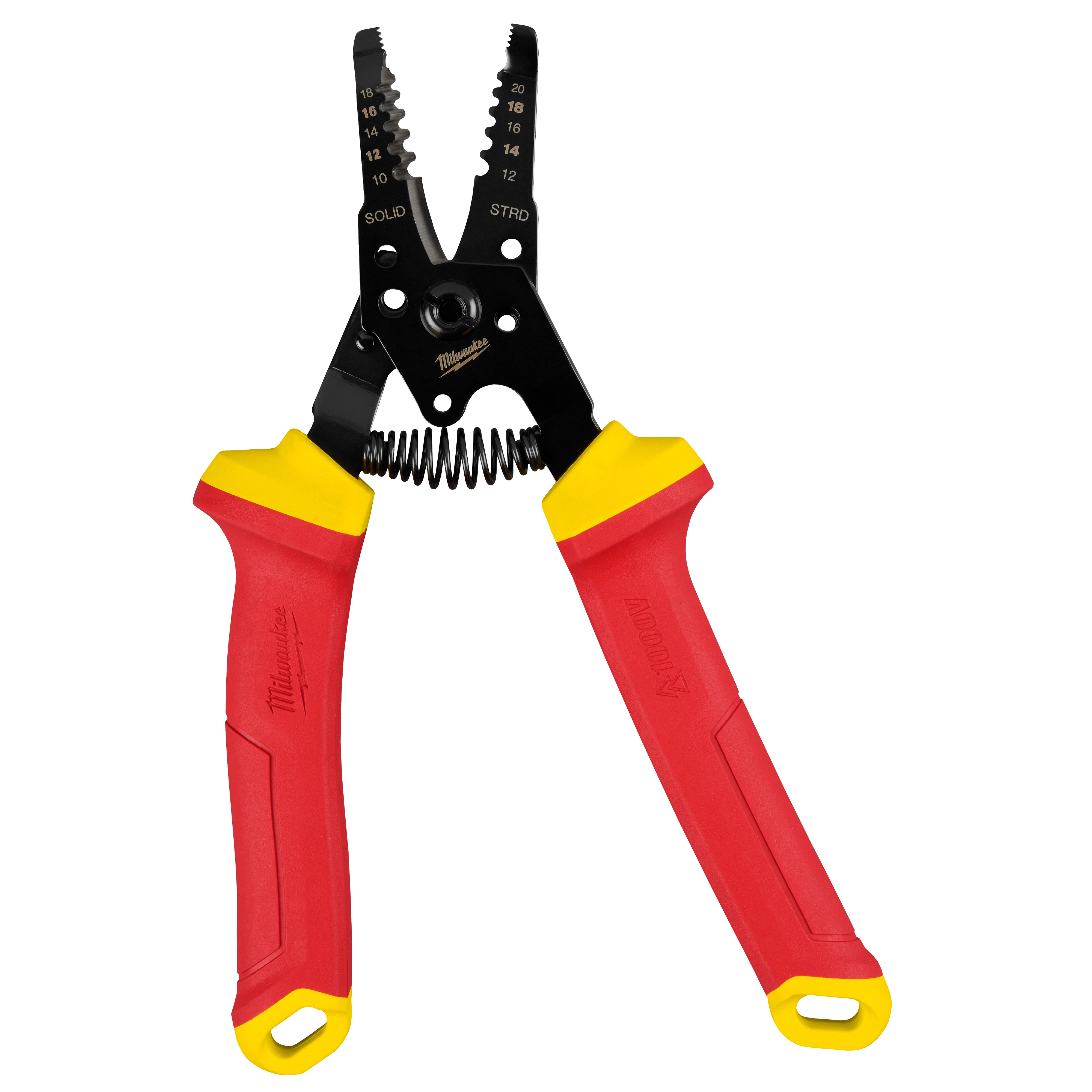1000V Insulated 10-20 AWG Wire Stripper & Cutter with red and yellow insulated handles and black stripping head.