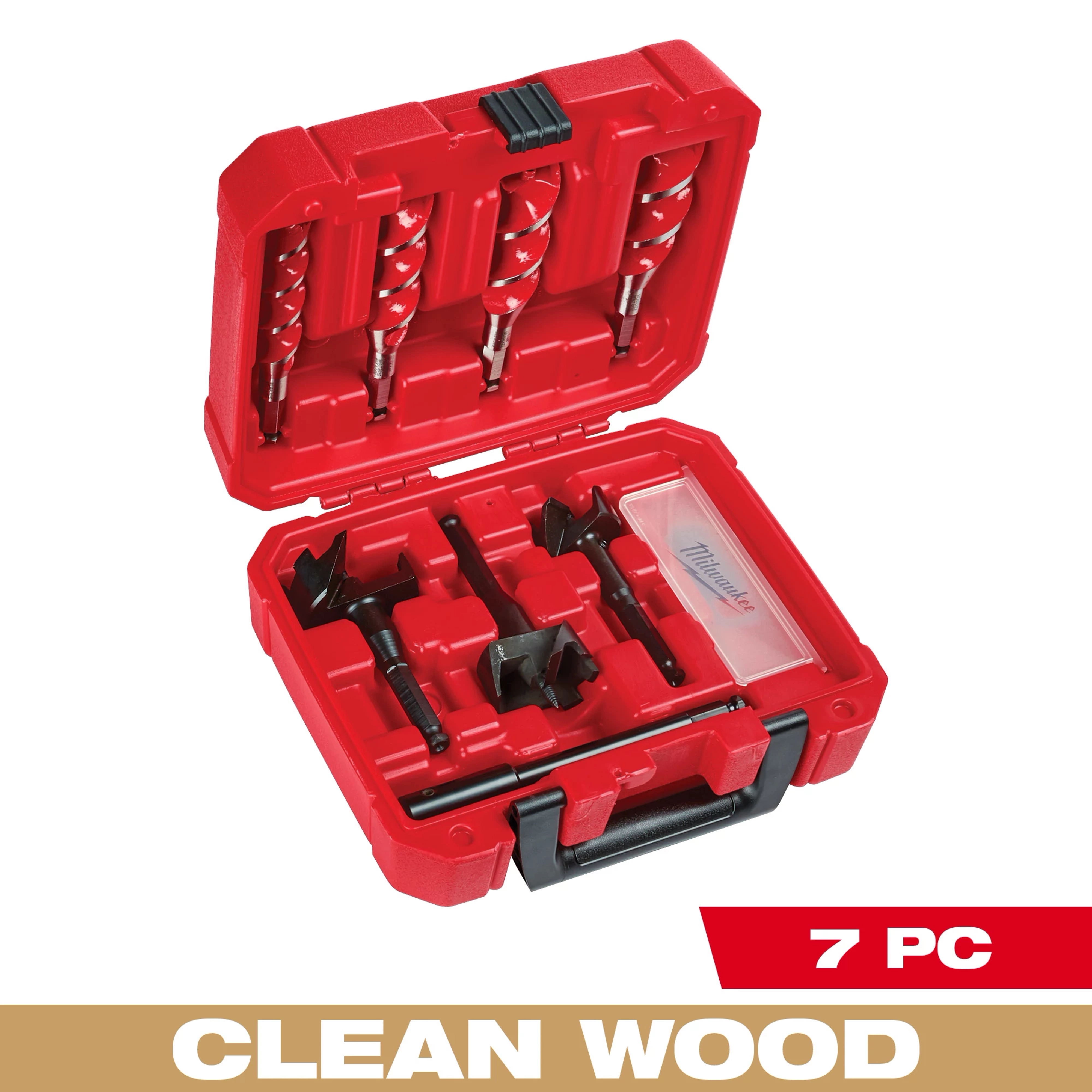 Plumbers' Selfeed Bit Kit (7 PC) in a red plastic case. The kit includes various-sized selfeed bits for plumbing applications.