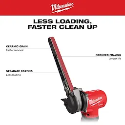 Walkaround image of the Milwaukee Bandfile with the 1/2" x 18" Bandfile Belt highlighting its USPs with the text "Less Loading, Faster Clean Up"