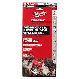 Compact Portable Band Saw Blades 3 pack, 35 3/8-inch, thick metal, 8/10 TPI, promises more cuts, less blade changes, three times life in stainless steel.
