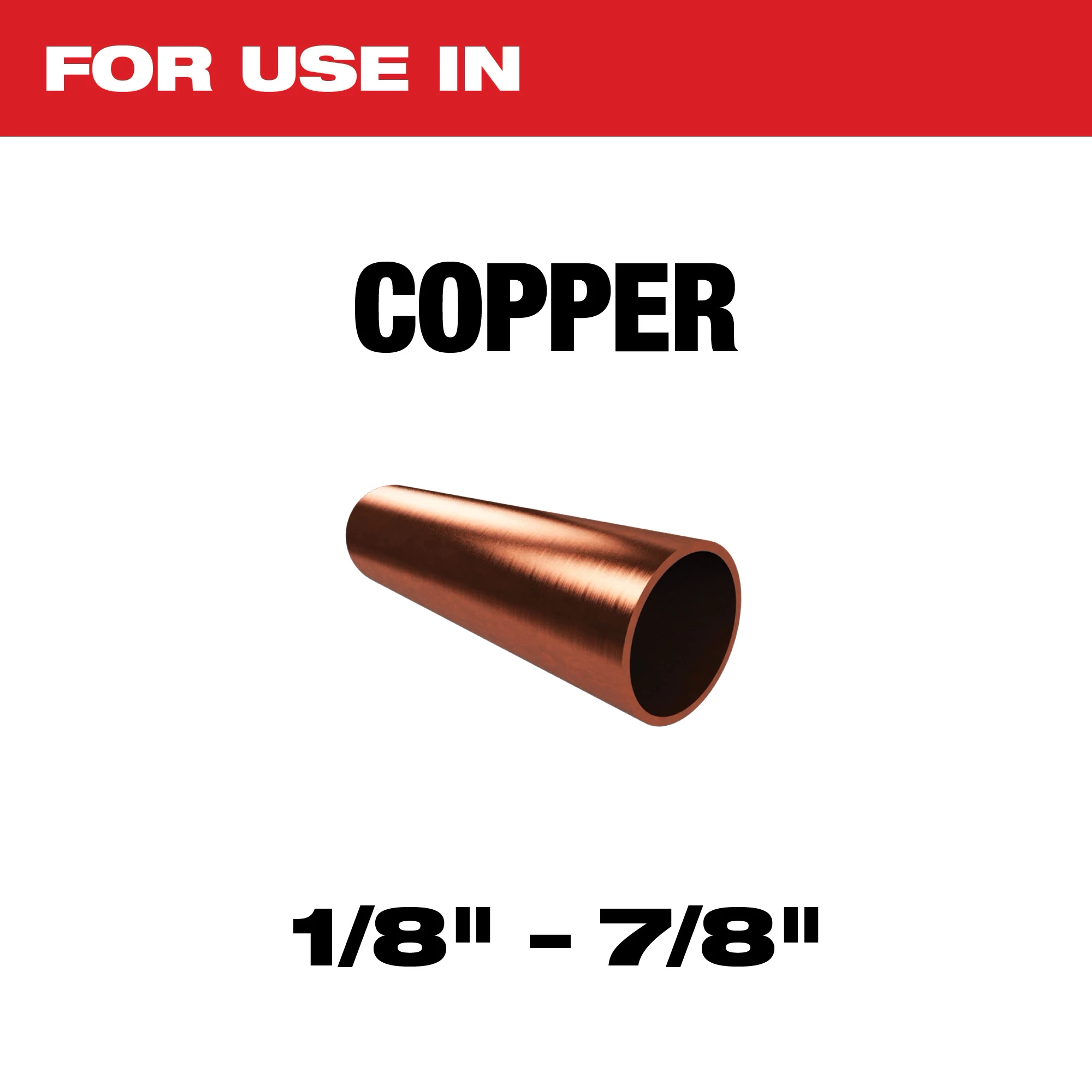 Copper pipe suitable for use in 1/8" to 7/8" applications. The image features a single copper pipe section with text indicating its use range.