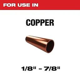 Copper pipe suitable for use in 1/8" to 7/8" applications. The image features a single copper pipe section with text indicating its use range.