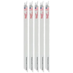 Five 12-inch SAWZALL® blades for multi-material cutting, labeled with "10/14 TPI" and USA flags at the top. The blades are white with red branding and "MULTI-MATERIAL" printed in grey near the base. The pack includes five blades designed for various materials.