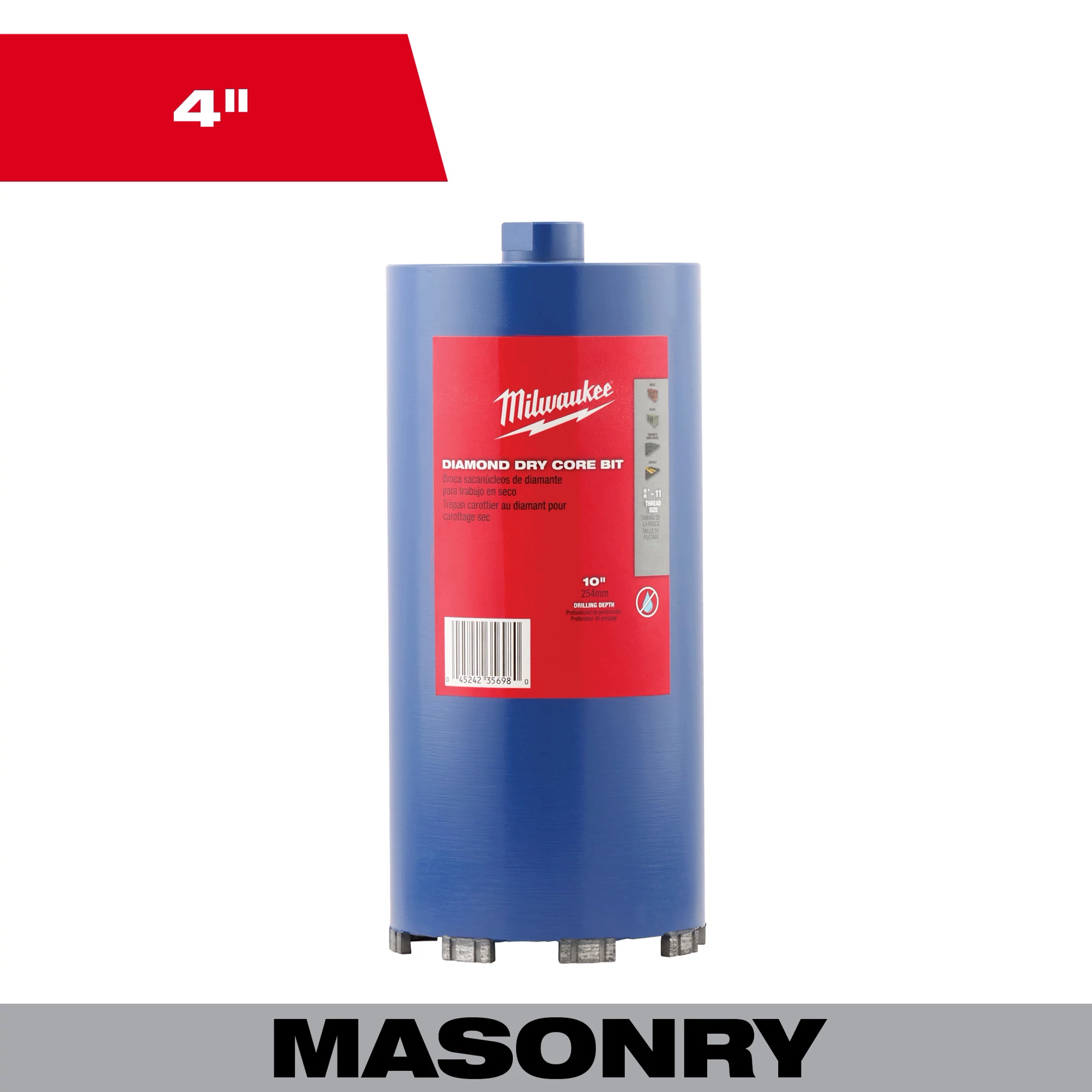 4" Dry Core Masonry Bit with blue cylindrical body and a red label, designed for drilling through masonry materials.