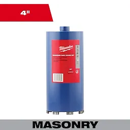 4" Dry Core Masonry Bit with blue cylindrical body and a red label, designed for drilling through masonry materials.