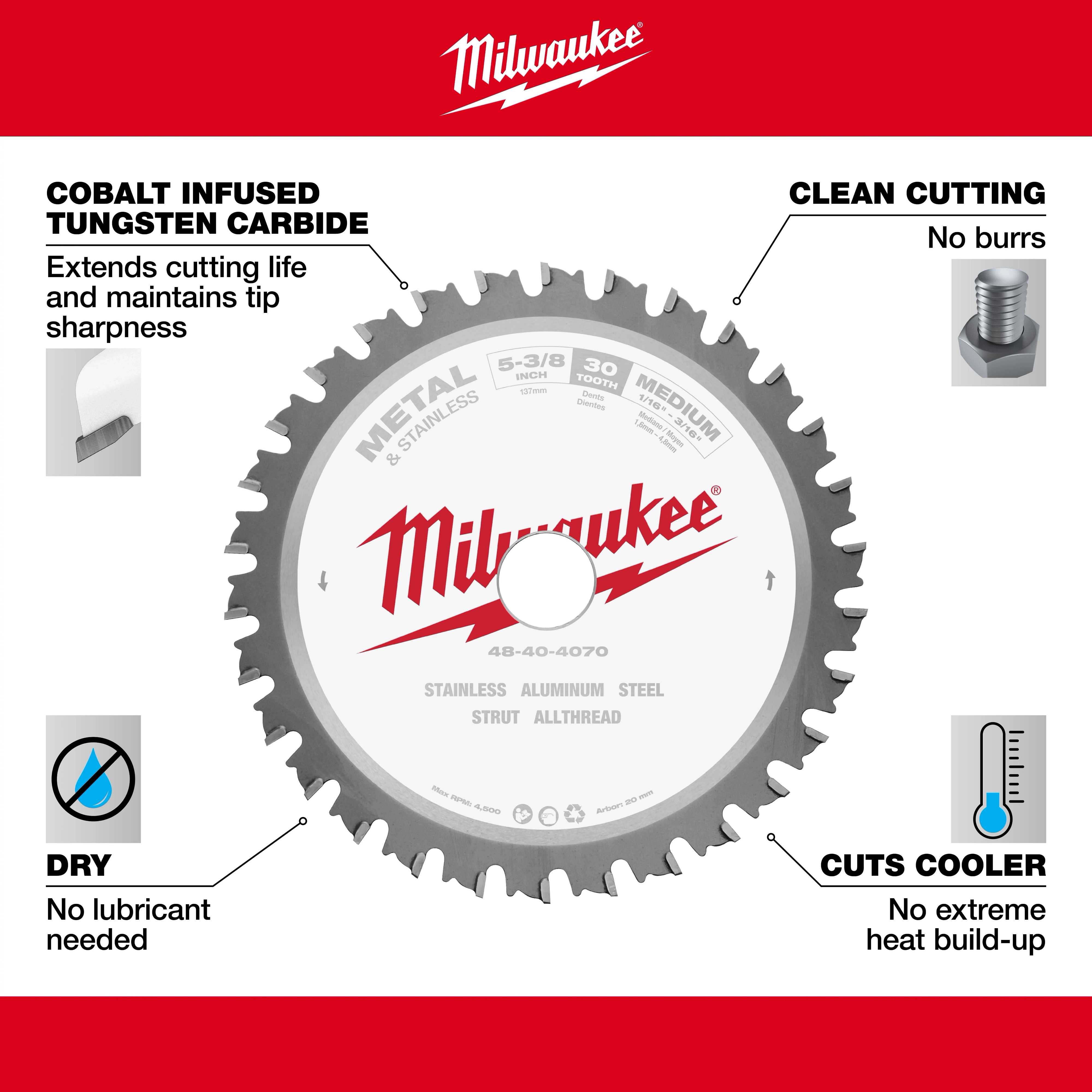 Milwaukee 48-40-4070 Walkaround metal-cutting circular saw blade: cobalt-infused tungsten carbide, clean cutting, cut cooler, dry use, stainless steel.