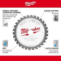 Milwaukee 48-40-4070 Walkaround metal-cutting circular saw blade: cobalt-infused tungsten carbide, clean cutting, cut cooler, dry use, stainless steel.
