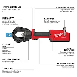 The M18™ FORCE LOGIC™ 11T Dieless Latched Linear Utility Crimper features a crimp indicator LED, electronic release, single point indenter, and a latched head. It includes a hang-hook, 340° head rotation, auto-dump functionality, optimized balance, and ONE-KEY™ compatibility for data transmission and storage.