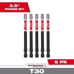 Image of five SHOCKWAVE™ 3-1/2" Impact TORX® T30 Power Bits (5 PK). The bits are red and black with a silver tip, arranged vertically. The packaging displays "T30" and "5 PK" at the bottom.