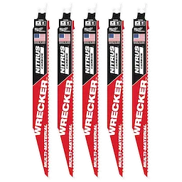 The image displays five WRECKER™ with NITRUS™ Carbide SAWZALL® blades for multi-material cutting. These blades feature a black and red design with the American flag in the top corner and text indicating “NITRUS™ Carbide” and “Multi-Material.” Each blade has aggressive teeth for efficient cutting.