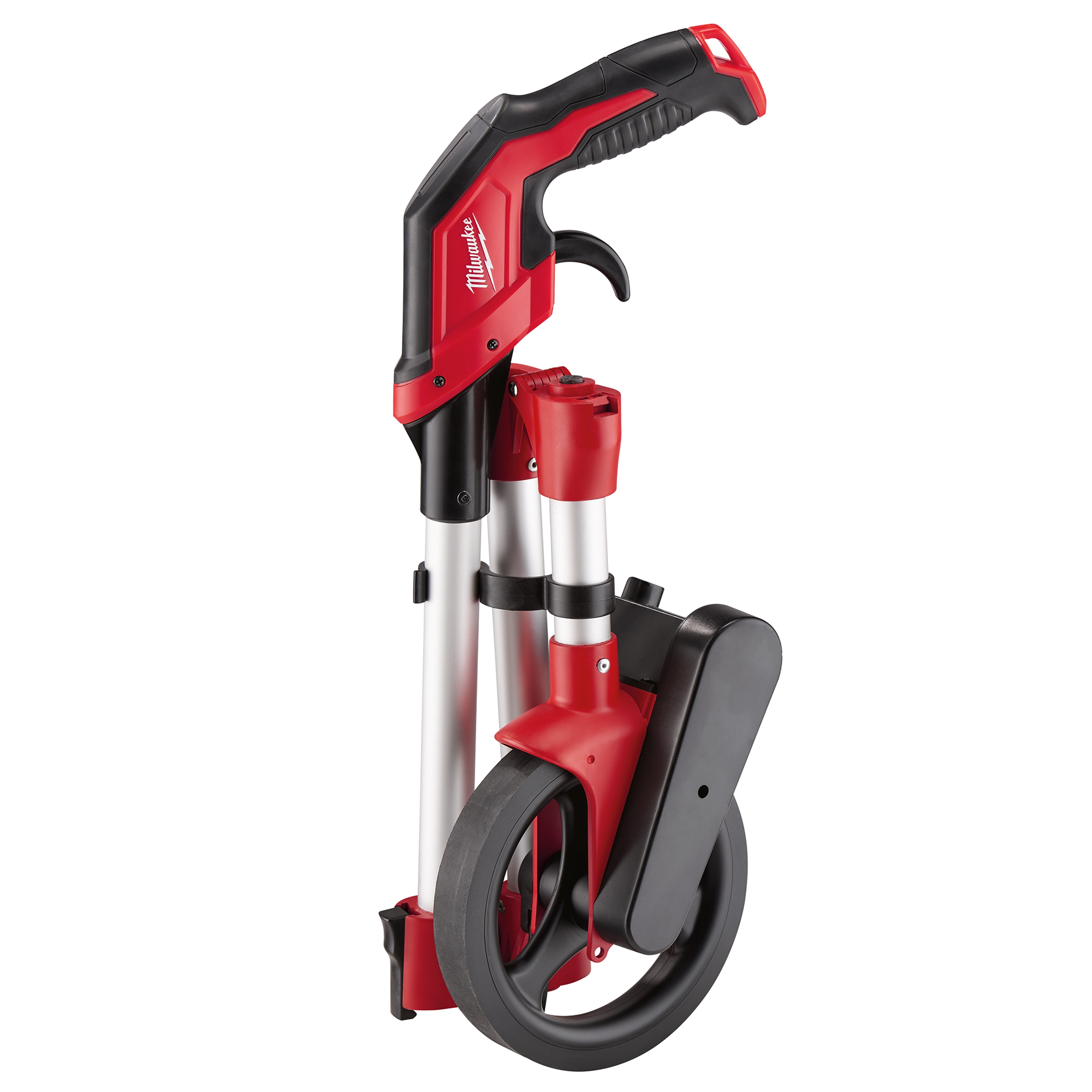 Measuring Wheel with a red and black ergonomic handle and foldable aluminum frame. The wheel is black and attached to a digital display.