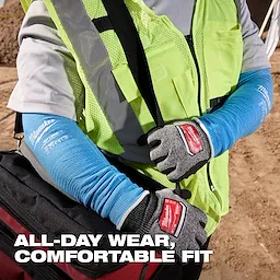 Cooling Cut Level 1 Protective Sleeves - 16” worn by a worker in safety gear. Text reads "ALL-DAY WEAR, COMFORTABLE FIT."