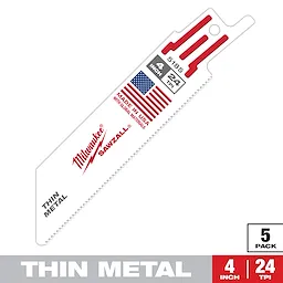 Milwaukee Sawzall blade designed for cutting thin metal. The blade is 4 inches long with 24 teeth per inch (TPI). Made in the USA with global materials, it features red branding and a flag logo. The package contains 5 blades.