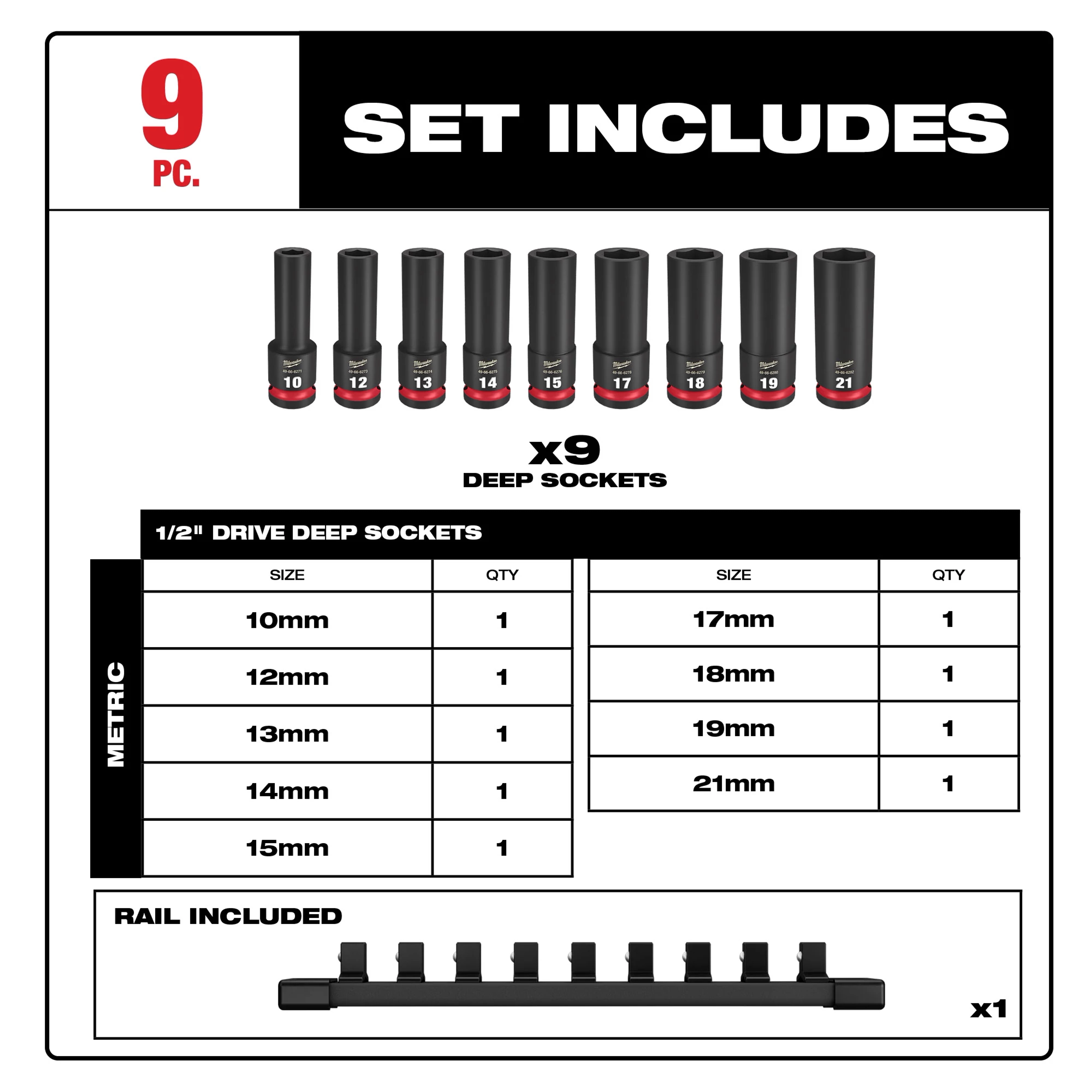 9PC SHOCKWAVE Impact Duty™ 1/2" Drive Metric Deep 6 Point Socket Set