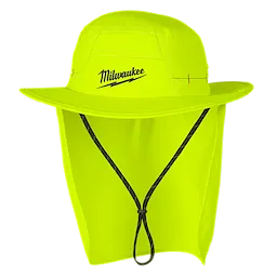 The WORKSKIN™ Sunshade Hat is bright yellow, with the Milwaukee logo on the front. It features a wide brim, neck shade, and an adjustable chin strap.