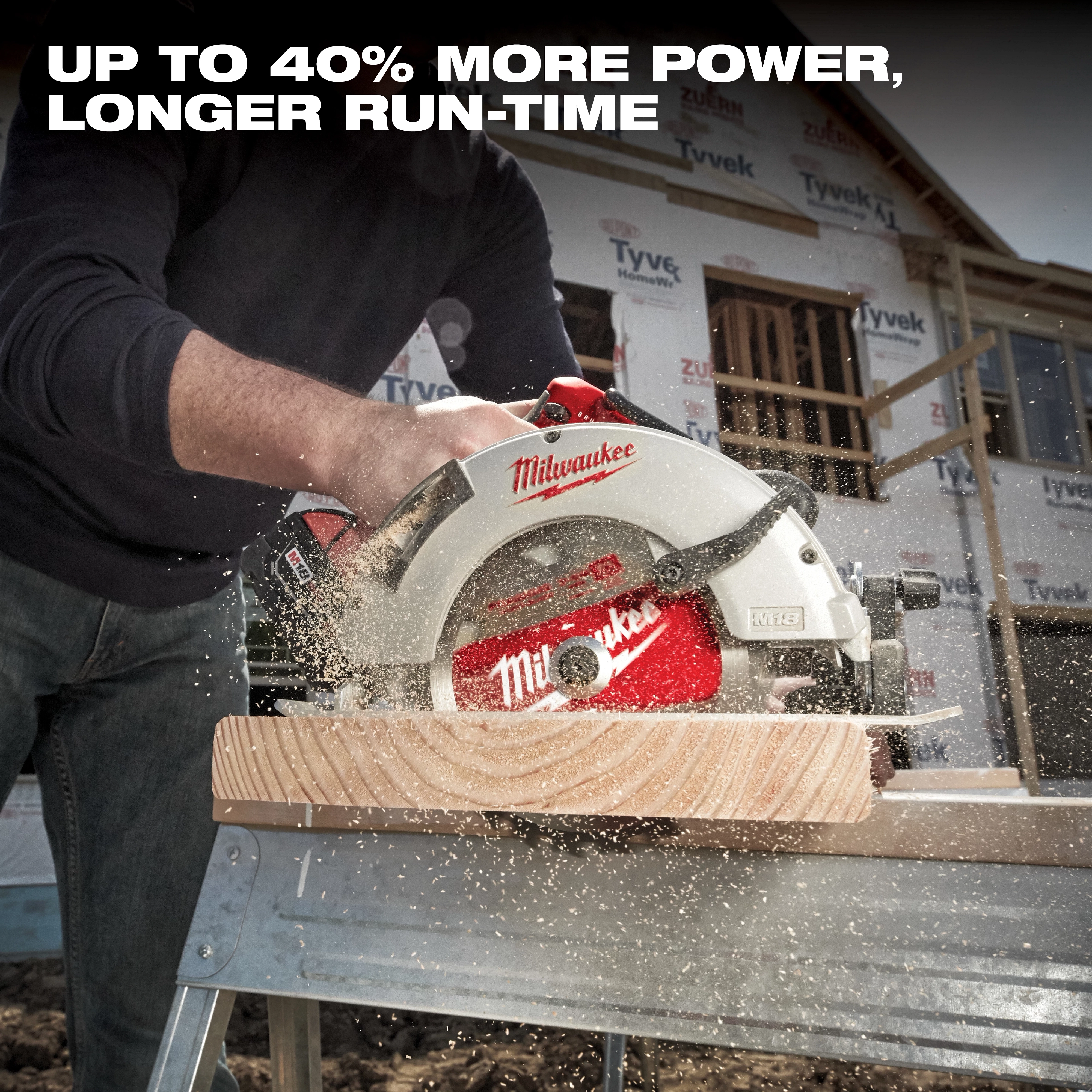 A person is using the Milwaukee circular saw to cut a piece of wood on a construction site. The text above reads "Up to 40% more power, longer run-time."