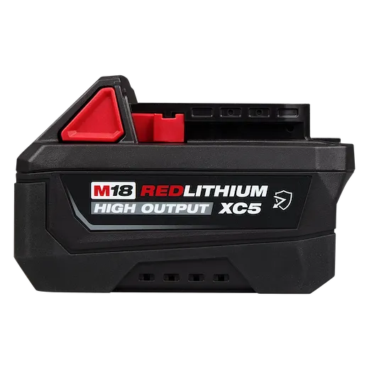 M18 REDLITHIUM HIGH OUTPUT XC5 Resistant Battery Pack shown from the side with label and casing details.