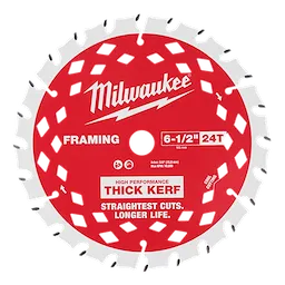 Red 6-1/2” 24T Thick Kerf Framing Circular Saw Blade with silver teeth arranged around the edge.