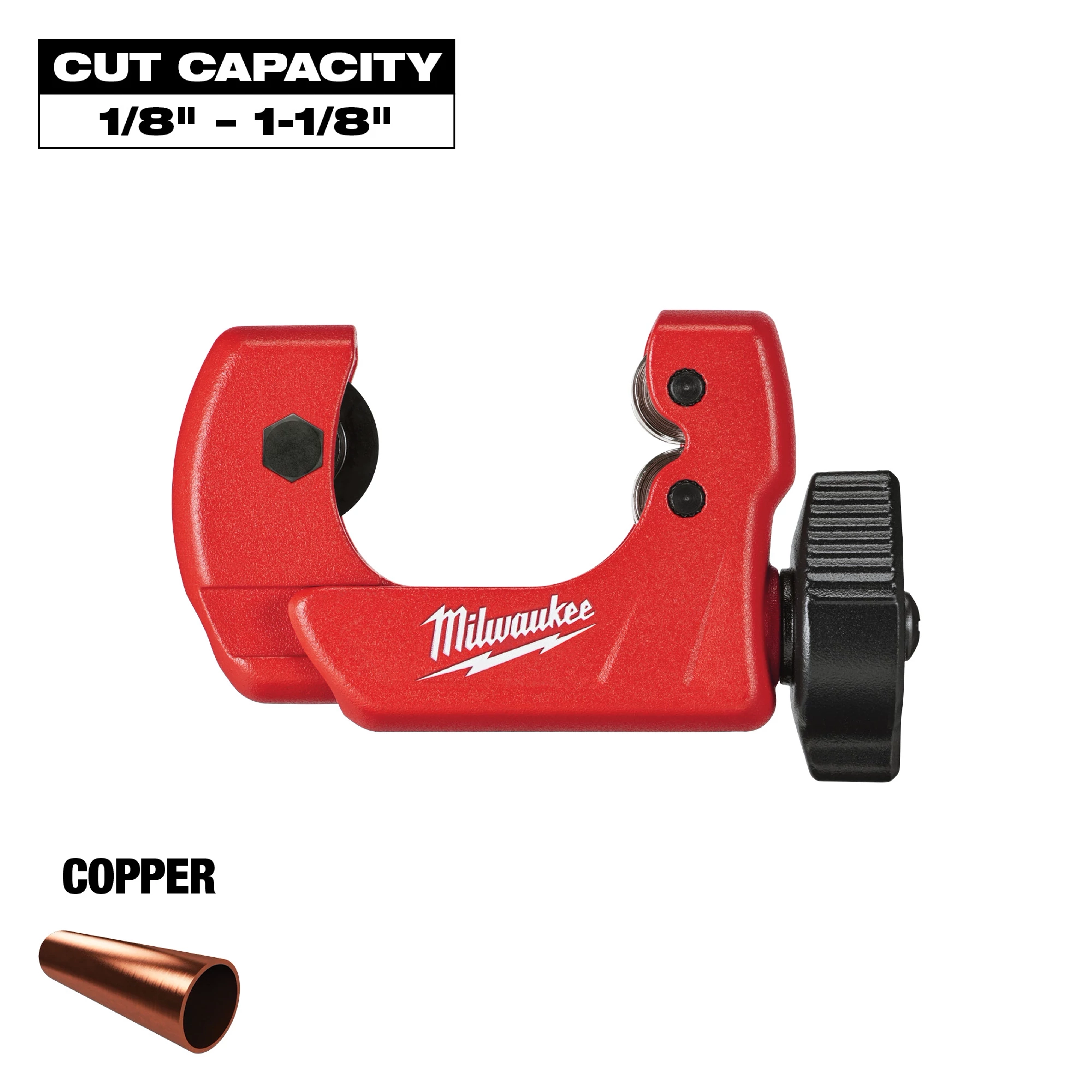 Milwaukee Copper Tubing Cutter in red with a cut capacity of 1/8 inch to 1-1/8 inches. The tool features a black screw adjustment knob and is designed for cutting copper pipes.