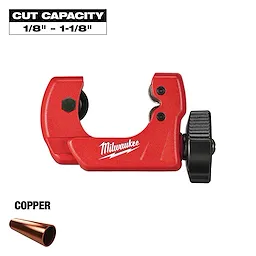 Milwaukee Copper Tubing Cutter in red with a cut capacity of 1/8 inch to 1-1/8 inches. The tool features a black screw adjustment knob and is designed for cutting copper pipes.